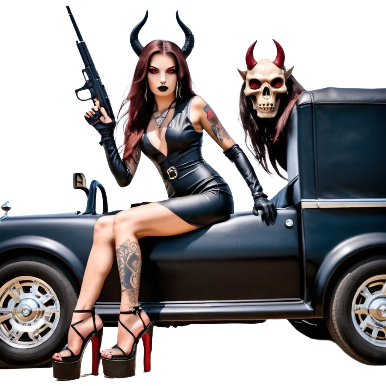 Lilith model red eye sexy black  devil horns.  long brown haired sexy succubus woman with leather long dress slit, sitting on big Large rolls royce truck. Black Platform high heels on feet. Tattoo sleeve arms, dead human skull of her ex skull is on top of stack of cash and a gun in  hand emoji