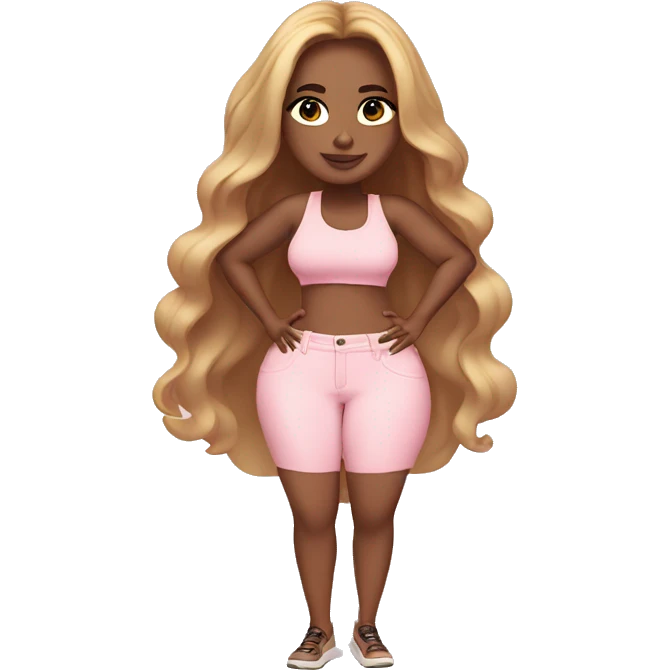 social media influencer with long hair, curvaceous body and light pink clothing emoji