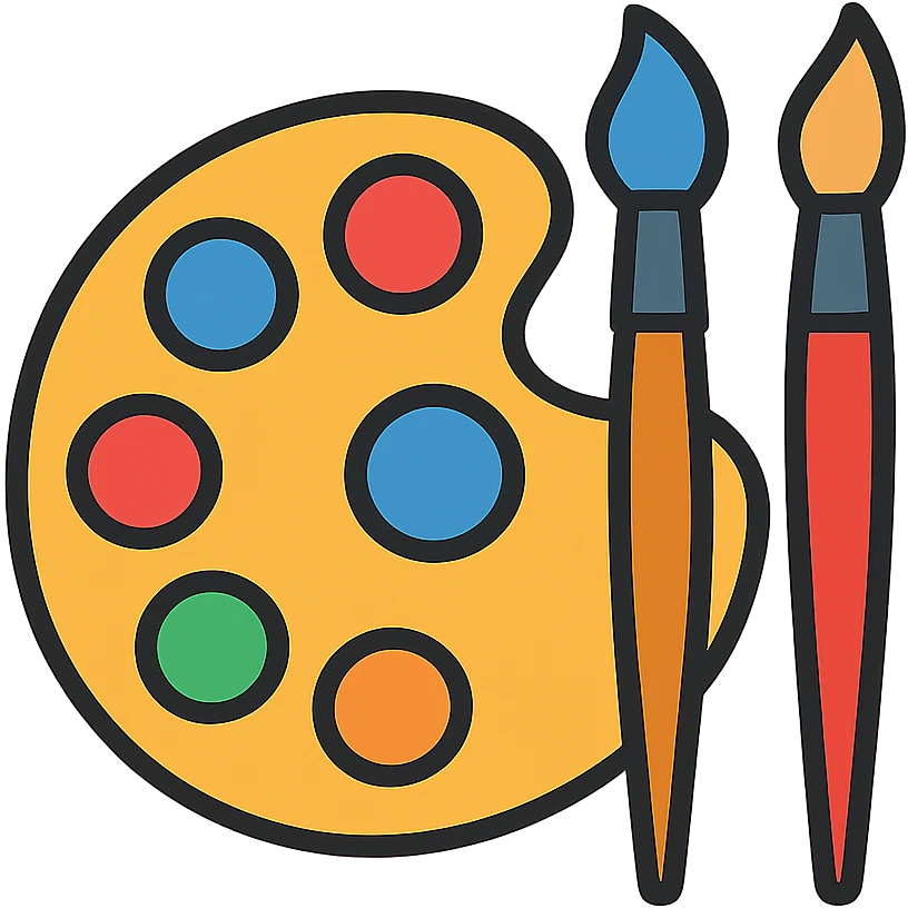 Detailed artist's palette with colorful paint blobs, palette holes, and paintbrushes nearby. Colorful outlined icon style. emoji