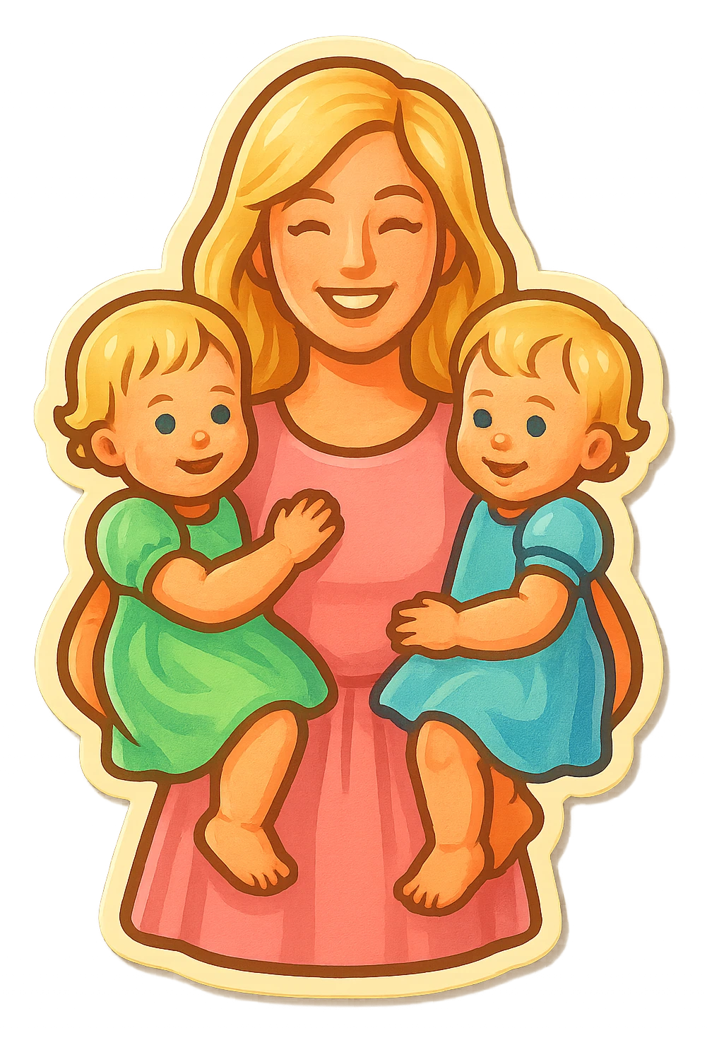 mom with long light blonde hair and two one-year-old twin girls with short light blonde hair on her arms, pastel dresses, retro stickers style, soft light, various options emoji