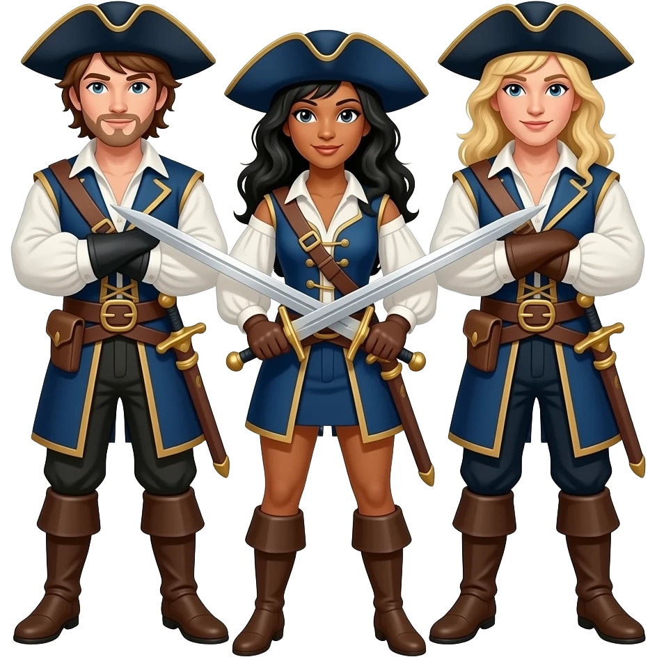 Three musketeers. One guy with brown hair, one girl with black hair and one girl with blond hair. They cross swords and they wear hats. Middle girl has tanned skin and needs a sword too. You have to see them in their entirety with same outfits. emoji