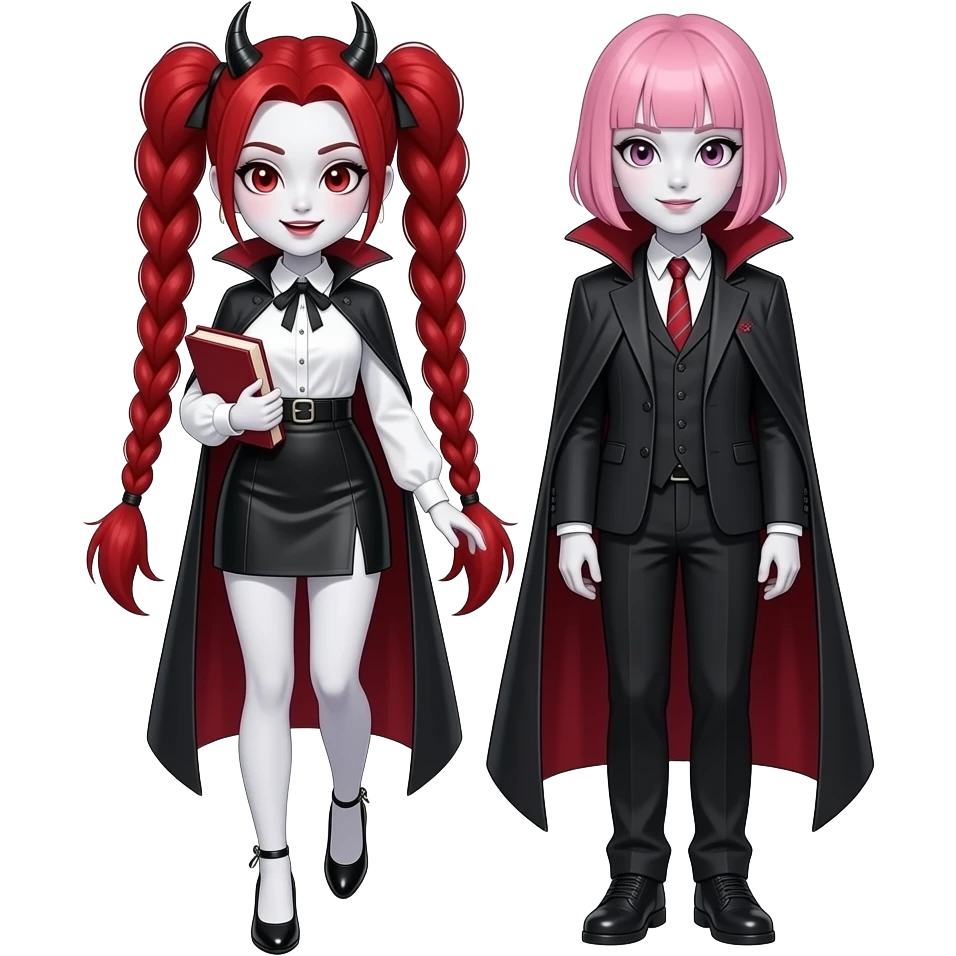 Vampiro femmina ADOLESCENTE con pelle bianca e capelli rossi raccolti in due trecce alte indossa una gonna corta e una camicetta bianca con i tacchi neri e tiene dei libri mentre cammina con la sua amica VAMPIRA con i capelli corti rose e la frangia emoji