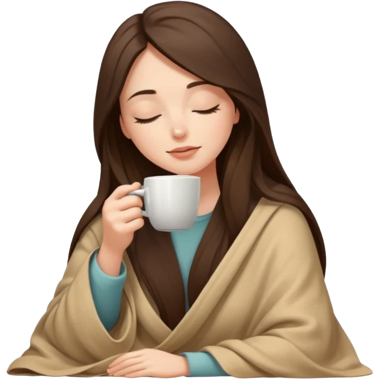 Brunette girl long hair inside a beige blanket sipping coffee eyes closed emoji