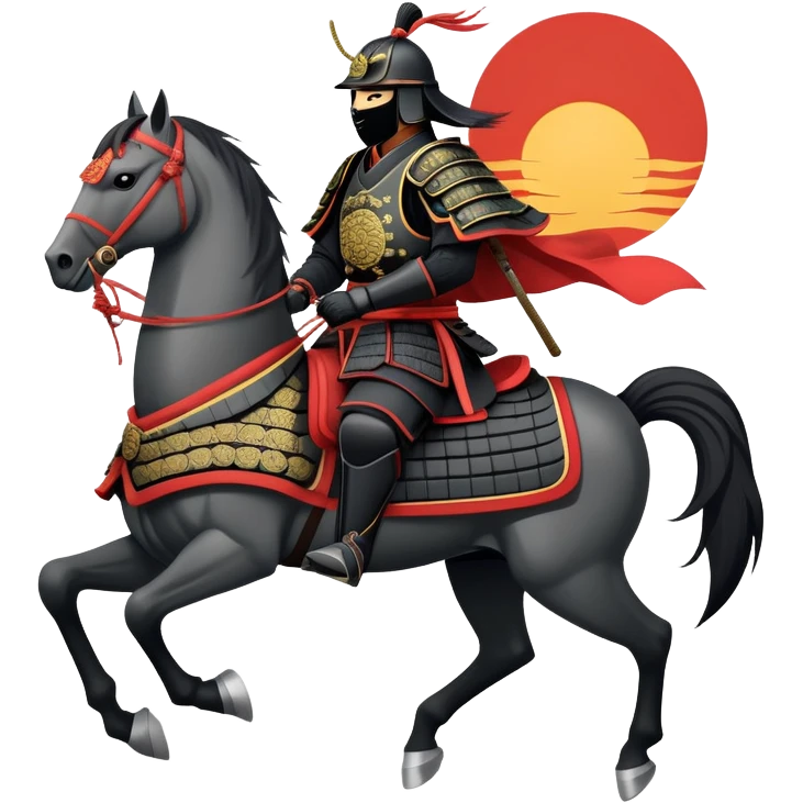 clash-of-clans-aesthetic_-cinematic-fearsome-and-majestic-samurai-bust-portrait-emoji, rendered in a flat, vector-style with minimal shading and bold, simplified shapes typical of emoji art, depicting a battle-hardened samurai with black mask and traditional black Japanese armor. The samurai is riding a noble grey warhorse adorned with an intricately designed saddle and fluttering banners and a rising sun. a samurai riding on a  horse zoomed in emoji
