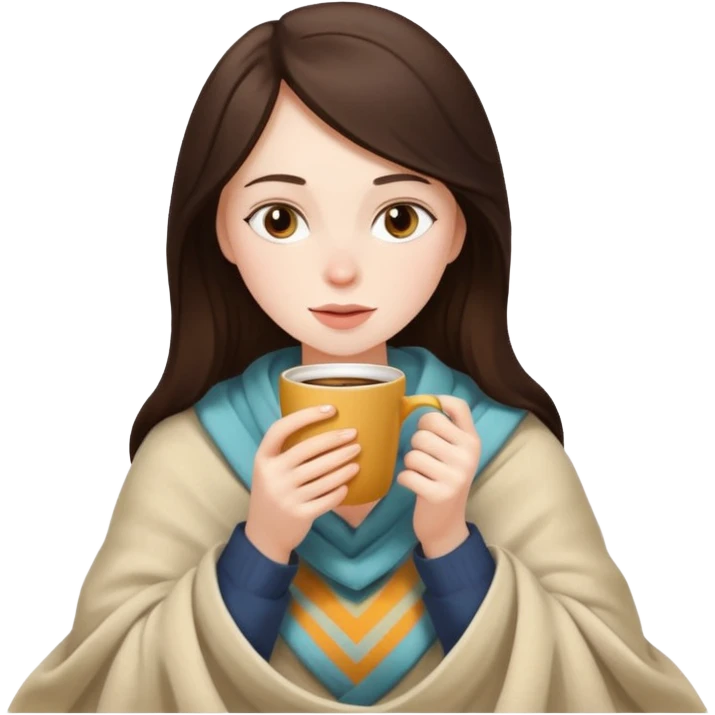 Brunette girl inside a blanket drinking coffee emoji
