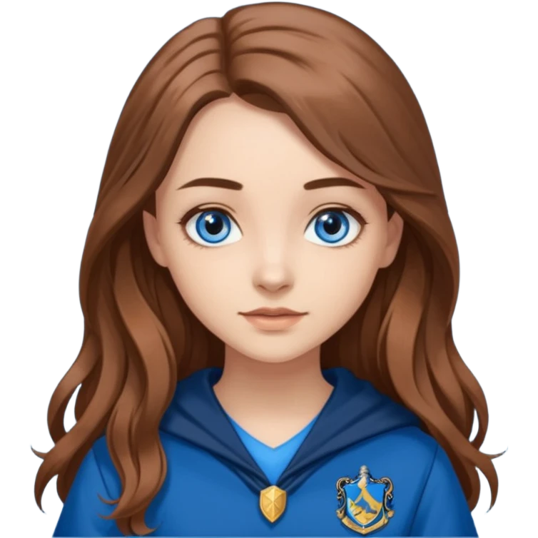 gorgeous Girl with light skin, blue eyes, long brown hair, wears a ravenclaw outfit emoji