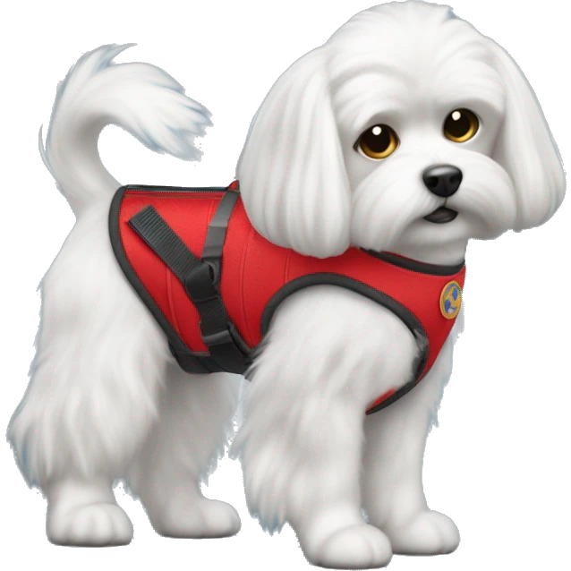Maltese wearing a red service dog vest with to bleck straps emoji