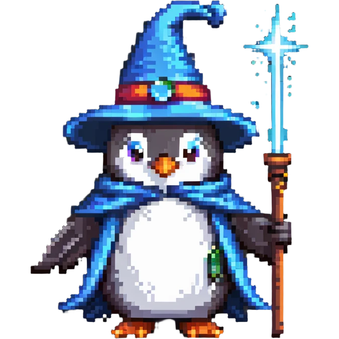 Penguin wearing wizard hat and robe holding a magic wand emoji