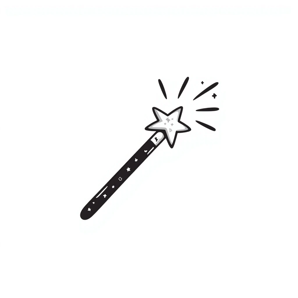 Hand-drawn magic wand with sparkly star tip and magical effect emoji