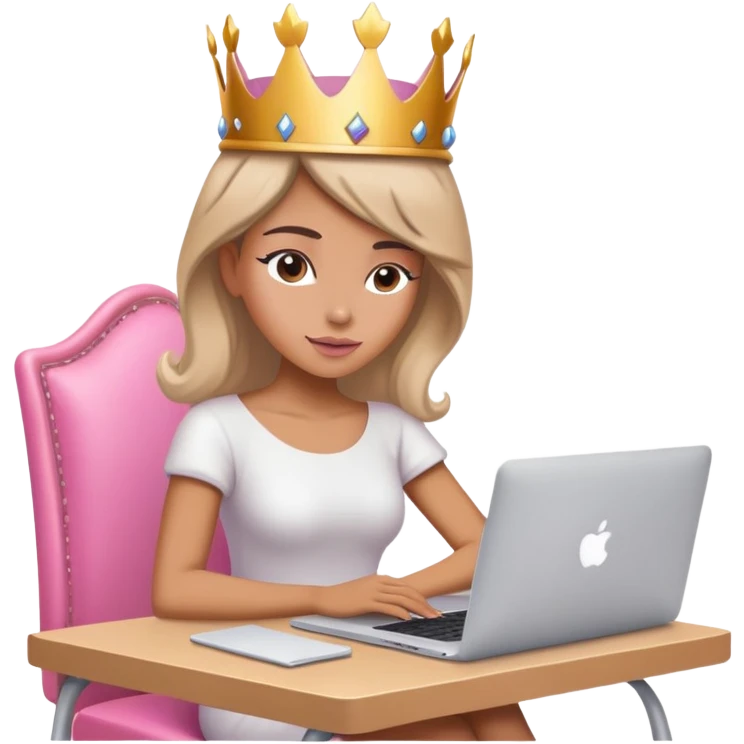 Attractive woman with crown on her head sat at the desk with MacBook and pink chair  emoji