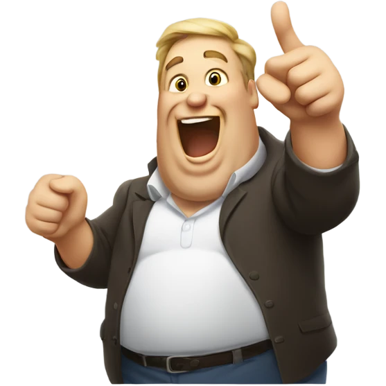 Big man with big white open belly laughing and pointing at the screen with a big thumb emoji