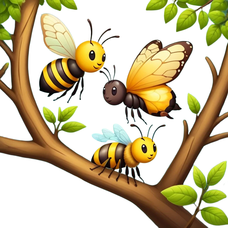 butterfly and bee sitting on a tree branch in a forest, cute and friendly emoji