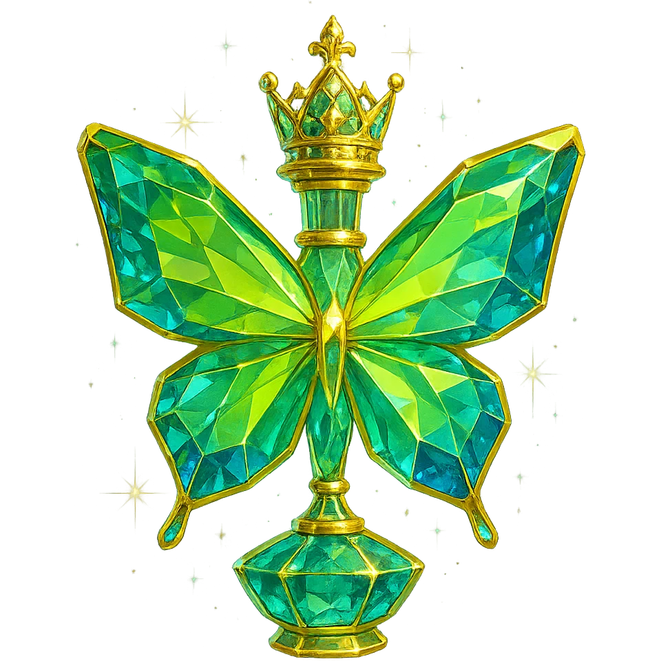 luxurious crystal butterfly-shaped bottle with a short neck and princess crown, many facets, glowing and light refractions, green (#c0ff53) and blue colors, golden details, subtle magical effects, transparent background, beautiful connected base, floating in air, no ground or shadow, very close to the original design emoji