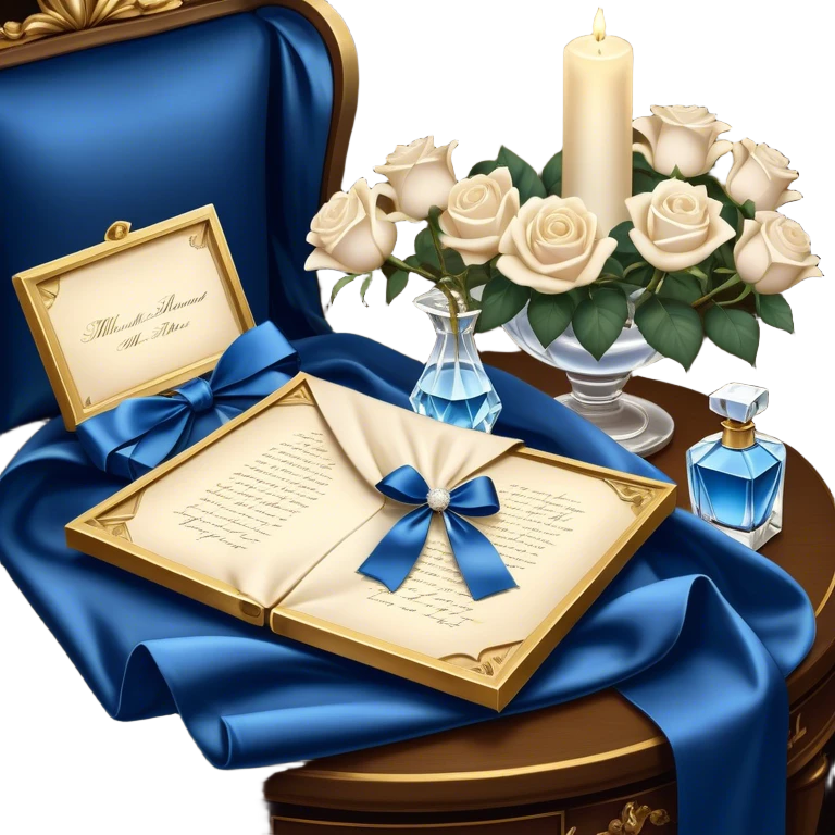 A carefully folded love letter, tied with a silky blue ribbon, sits on a velvet cushion. Beside it stands a tall crystal perfume bottle, exuding the soft scent of white roses. Pearl butterflies hover above the table, as the warm glow of candlelight reflects off the golden wax seal. emoji