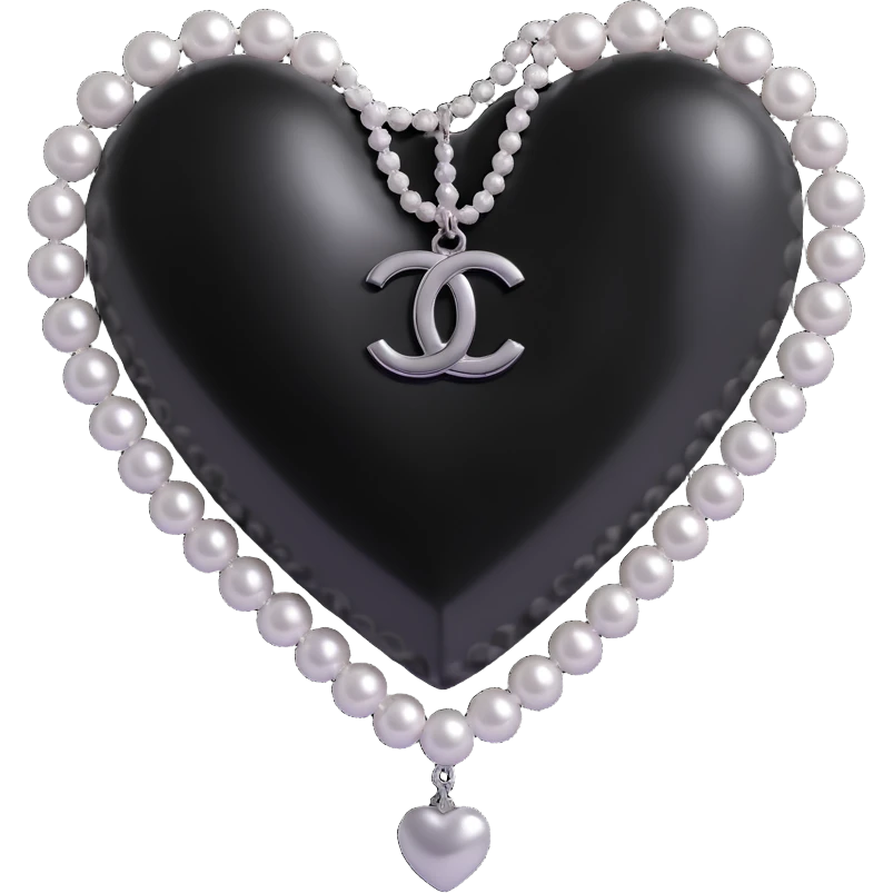 glossy black heart with a string of pearls draped diagonally, silver Chanel logo at the bottom, elegant, black and white emoji