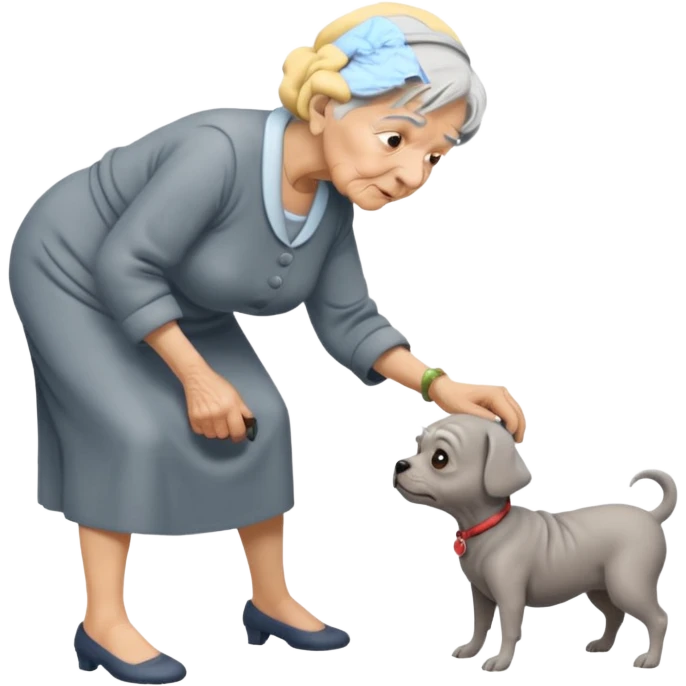 Old woman bent over from waist to floor trying to pick up dog emoji