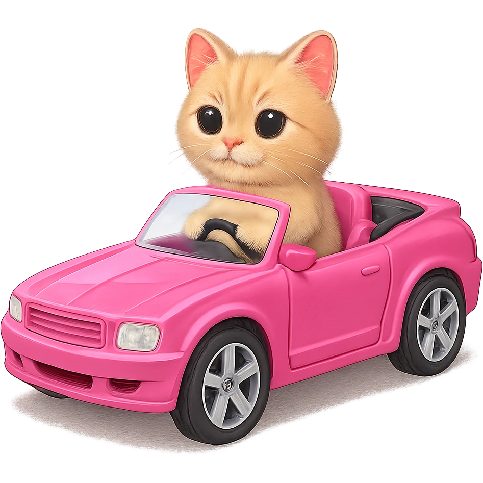 a cat in a pink convertible car, Barbie style emoji