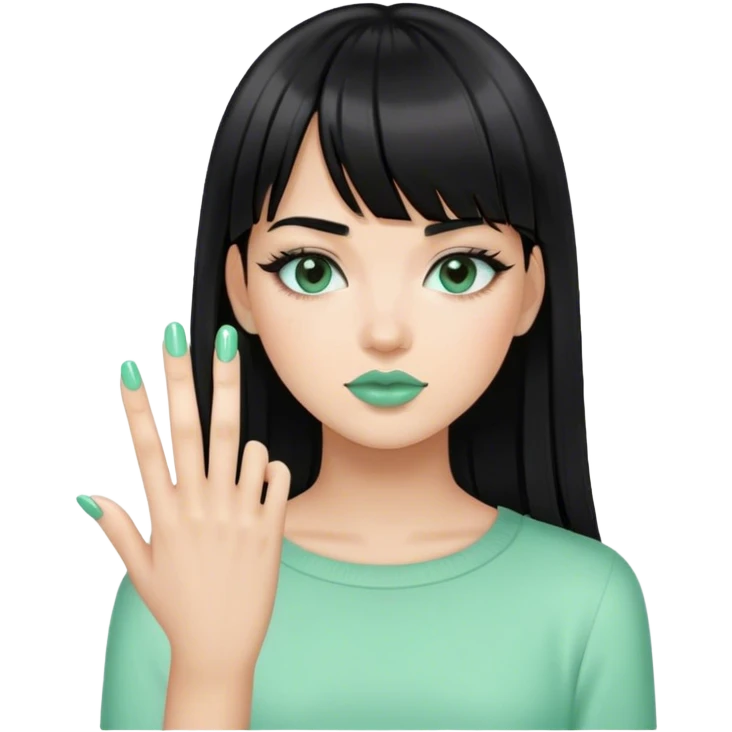平刘海黑发女孩薄荷绿美甲 emoji
