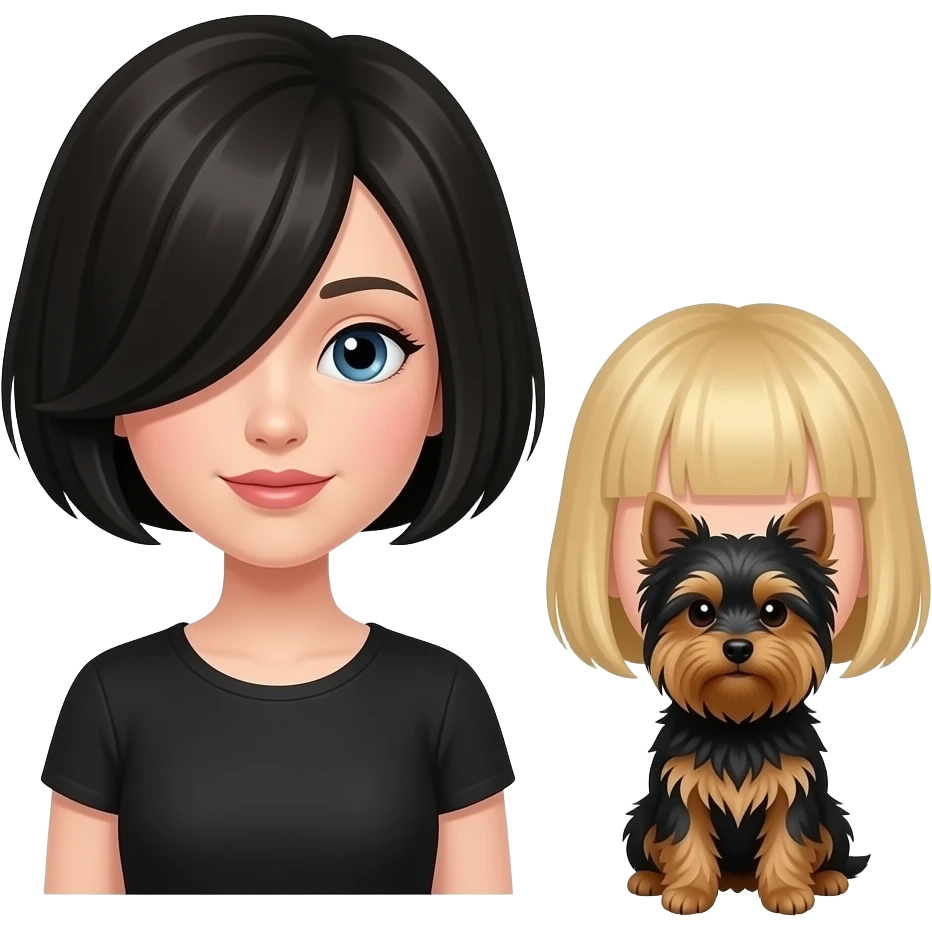 woman with bob haircut with little Yorkshire full black without any brown brown and long hair in the eye and little blond girl with pixie cut emoji
