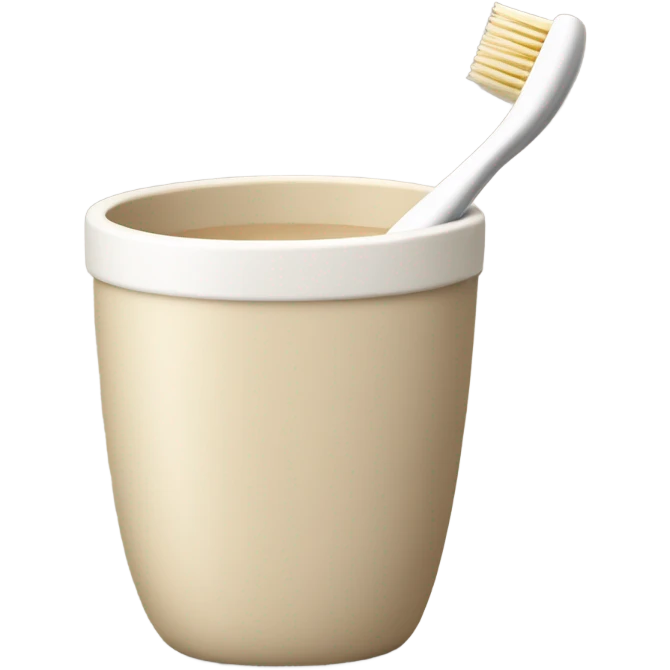 This set includes a beige toothbrush with a beige handle and a beige cup. The brush part is white. There is one toothbrush. The toothbrush is inside the cup. emoji