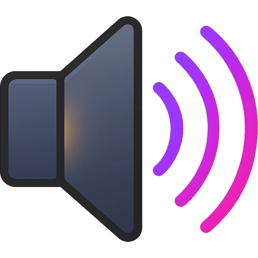 speaker with sound waves, elegant dark metal with subtle glow, waves in purple to pink gradient with neon effect emoji