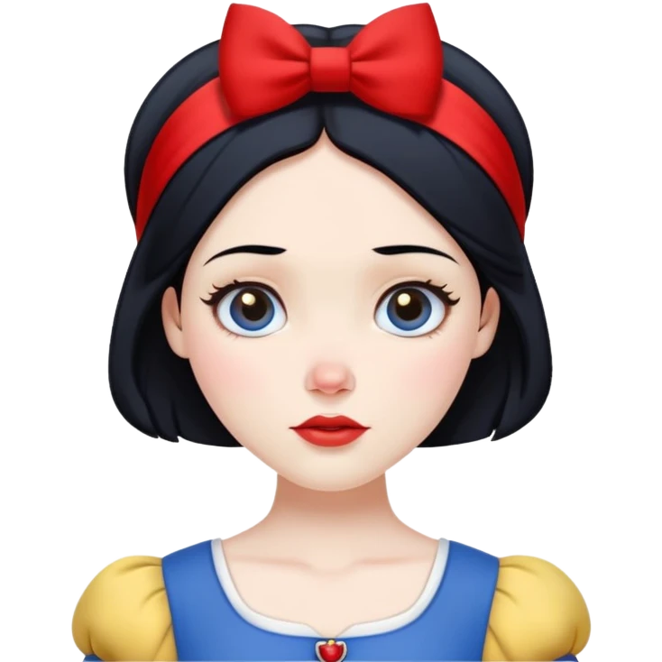 ultra simplified Snow White, blue top with yellow skirt, black hair with red headband, very minimal details, slightly zoomed out emoji