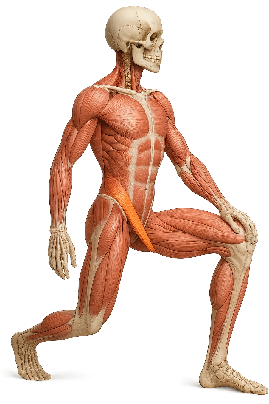 corpo umano anatomico realistico che fa stretching allungando il muscolo PSOAS, isolato su sfondo bianco emoji
