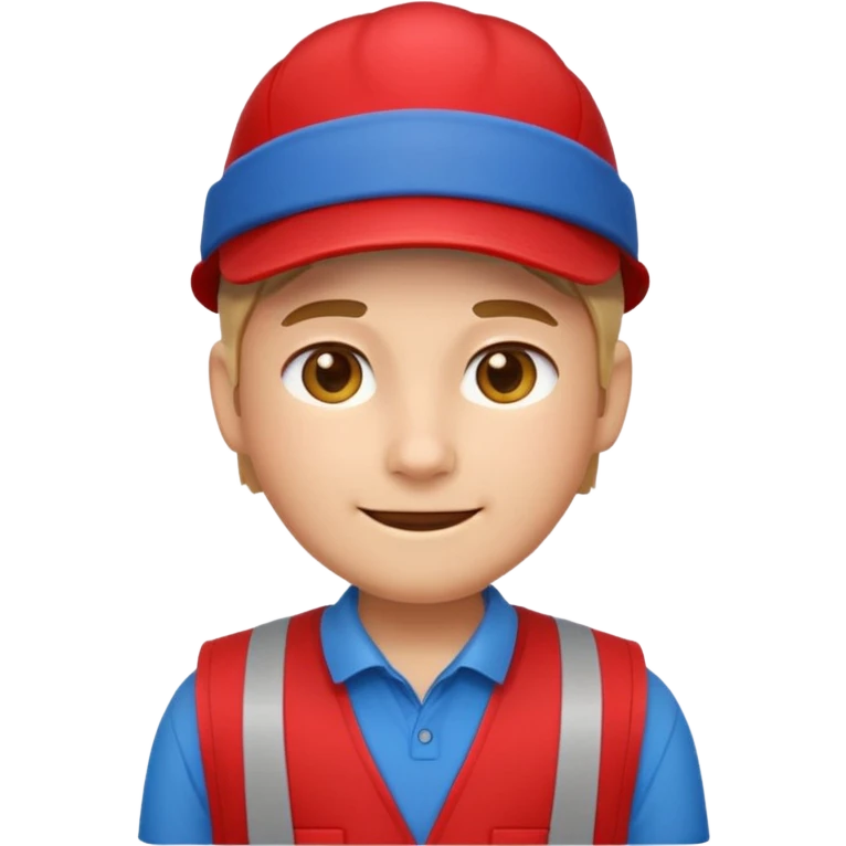 front-facing emoji-style character, Apple emoji style, Lowe’s store associate look, red vest, blue shirt, blue cap, soft smile, rounded face, sticker-like outline, no logos or text emoji