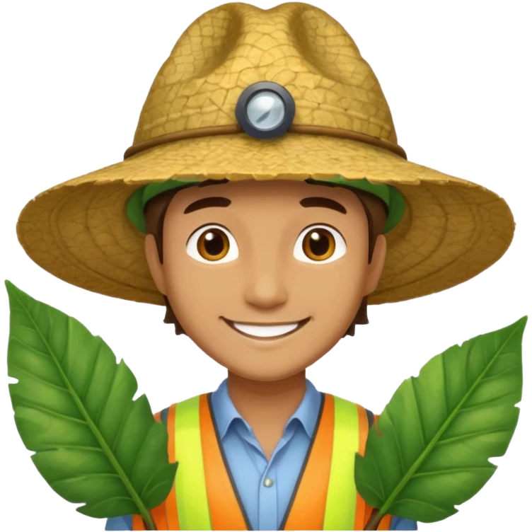 an surveyor man wearing a large leaf hat emoji