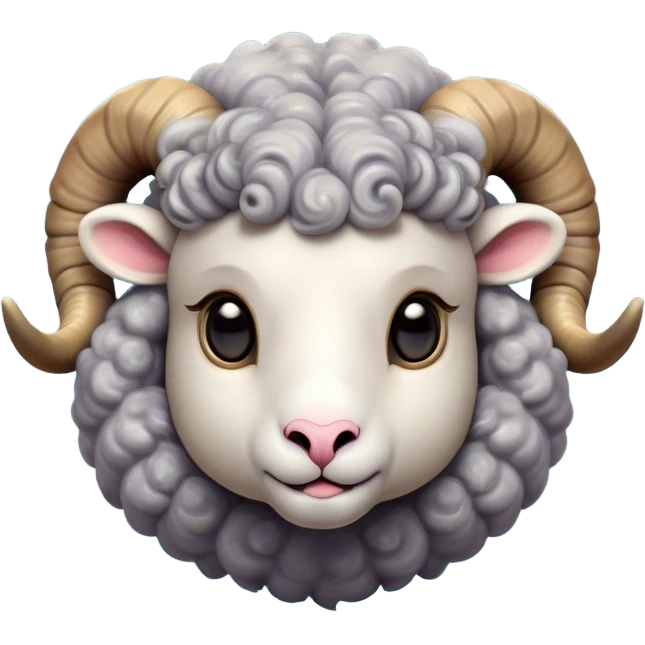 Cinematic Cute Ram Portrait Emoji, Head tilted playfully and inquisitively, featuring a dense, woolly grey fur with charming curled horns, round, sparkling dark eyes filled with curiosity, Simplified yet irresistibly adorable features, highly detailed, glowing with a warm, friendly glow, high shine, affectionate and spirited, stylized with a touch of rugged whimsy, bright and endearing, soft glowing outline, capturing the essence of a mischievous yet loving ram, so playful it feels like it could butt its way out of the screen and into your arms! emoji