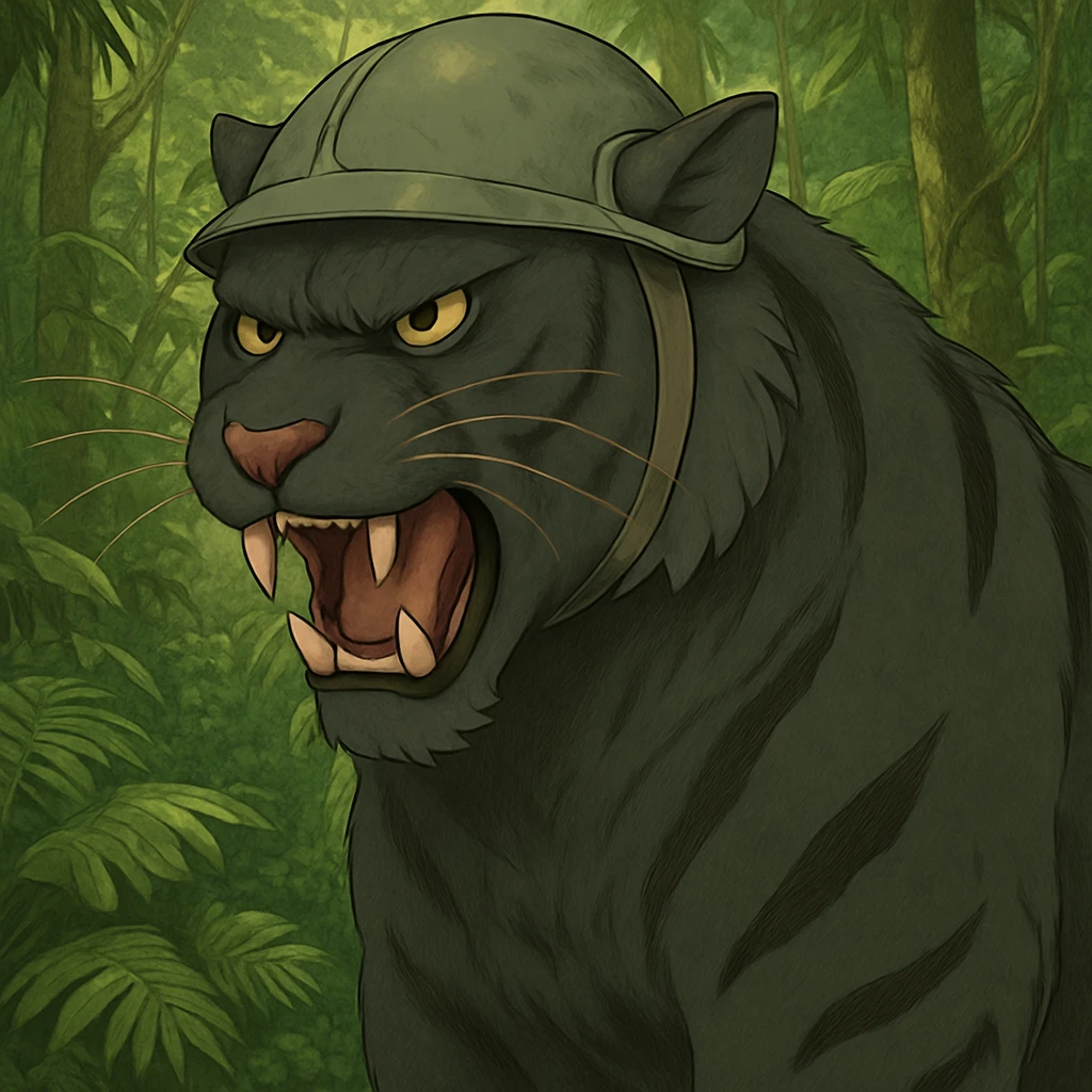 Add a lush jungle background behind the angry black tiger wearing a helmet, keep the original style and mood emoji
