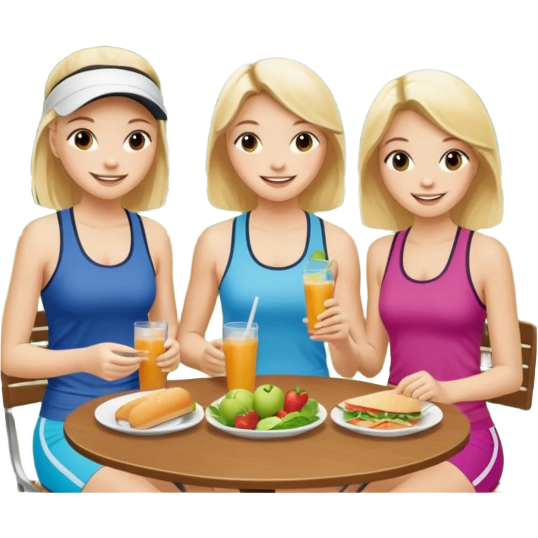 3 girls eating lunch at country club in workout clothes after tennis emoji