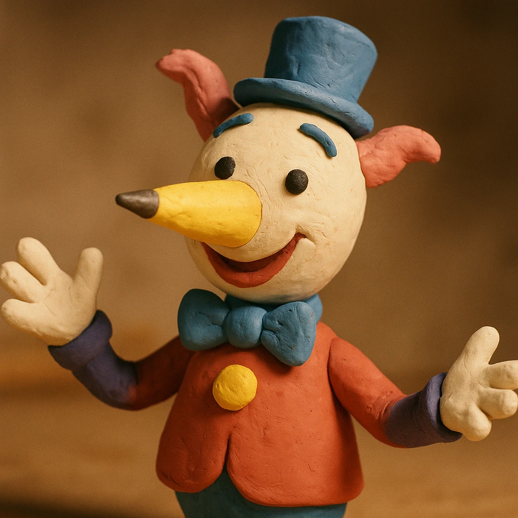 Mr. Squiggle, whimsical cartoon character with a pencil nose, playful and friendly expression, claymation style emoji