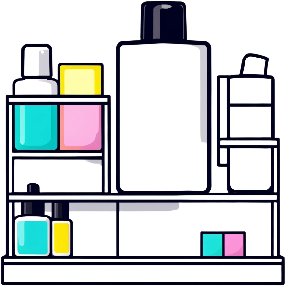 big long white shelf with one serum bottle labeled beauty brand and big sticky note emoji