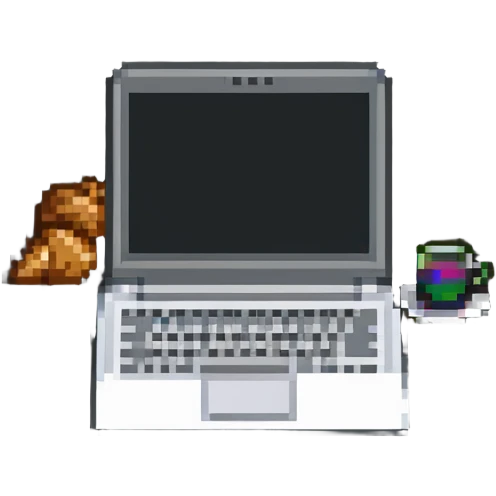 coffee shop accessories: laptop, notebook, and a croissant emoji