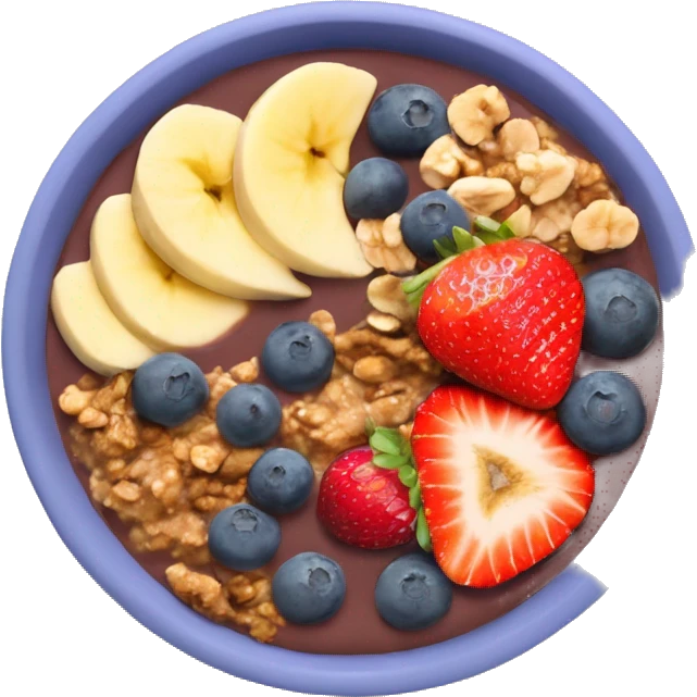 Acai bowl with blueberries, peanut butter, strawberries, granola and banana emoji
