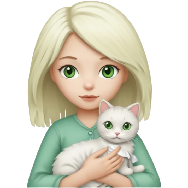 Platinum blonde hair girl with green eyes holding rag doll cat  emoji