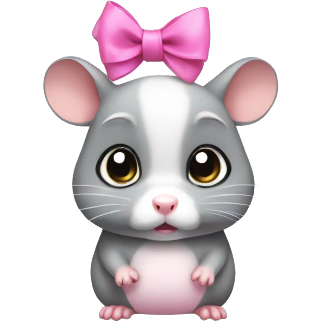 Sad grey hamster with huge eyes and a pink bow on head emoji