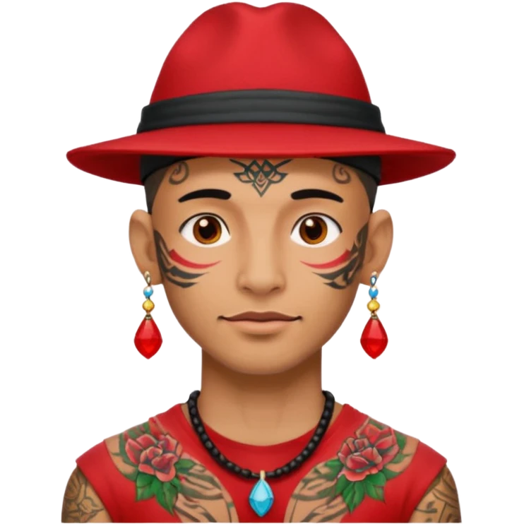 unique looking tourist with big unique red tourist hat and earrings, man with lots of tattoes emoji