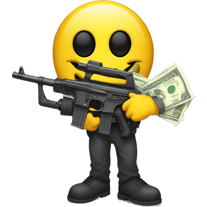 Yellow smiley face with eye patch holding a machine gun in one hand and a bag of money in the other  emoji
