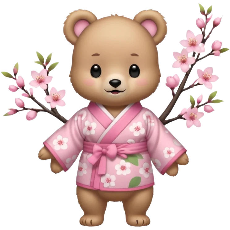 A cute baby bear character in pastel style, standing upright like a human. 
Light brown soft fur, large round ears, rounded paws and feet. 
Big cute black dot eyes, medium blush cheeks, and a tiny smiling mouth. 
Wearing a pink kimono with soft cherry blossom patterns on the sleeves and bottom,  emoji