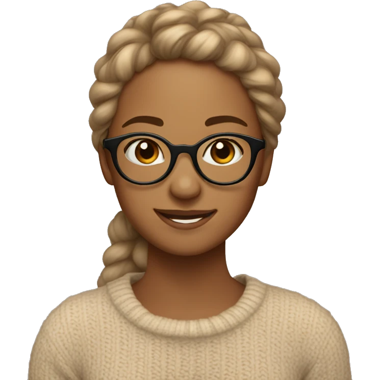smiling girl with light brown skintone, wearing round clear glasses, with a comfy sweater on emoji