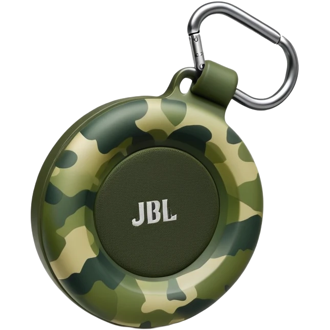 Minimalist JBL Clip 4 speaker with accurate circular shape and integrated carabiner clip at top, green camouflage pattern, iOS emoji style emoji