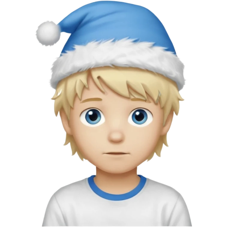 create boy blonde hair long messy, light eyes, white t shirt, rich, long hair, eyes blue, acessory head cristimas blue hat, fluffy hair medium long emoji