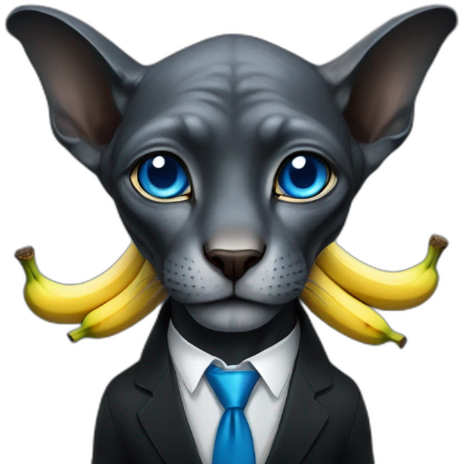 dark grey sphinx with bright blue eyes wearing black suit, calling on banana as phone, portrait emoji
