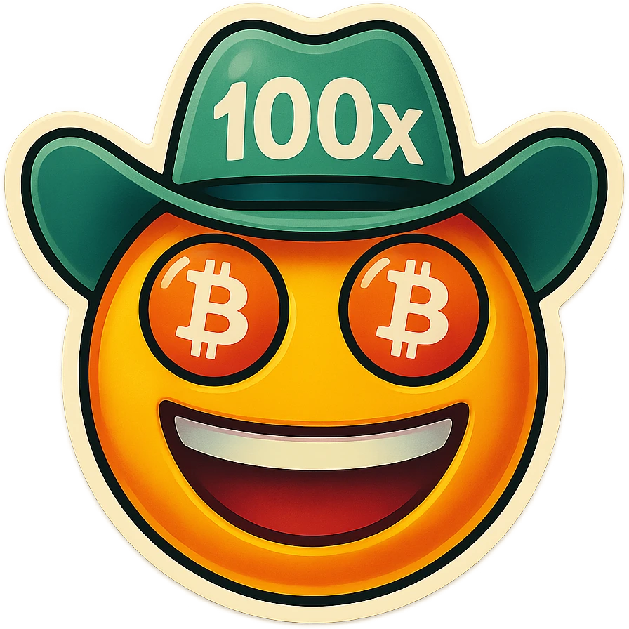 Remix the emoji by changing the eyes to Bitcoin logos, make the cowboy hat minty green with '100x' text on it, keep the yellow face and smiley style consistent with the original retro stickers style. emoji