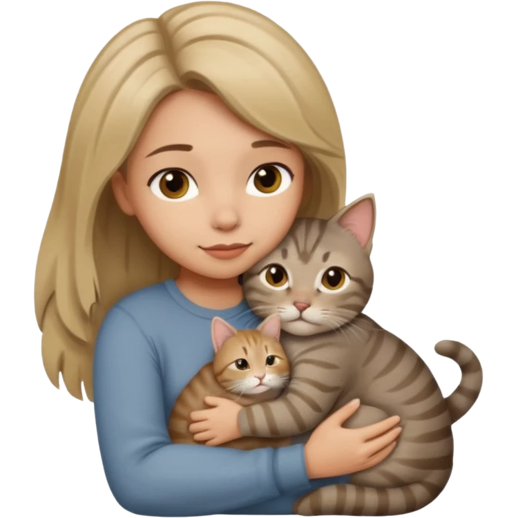 Une femme avec les cheveux dégradée, brun clair et blond, qui fait un câlin à son chat gris, tigré  emoji