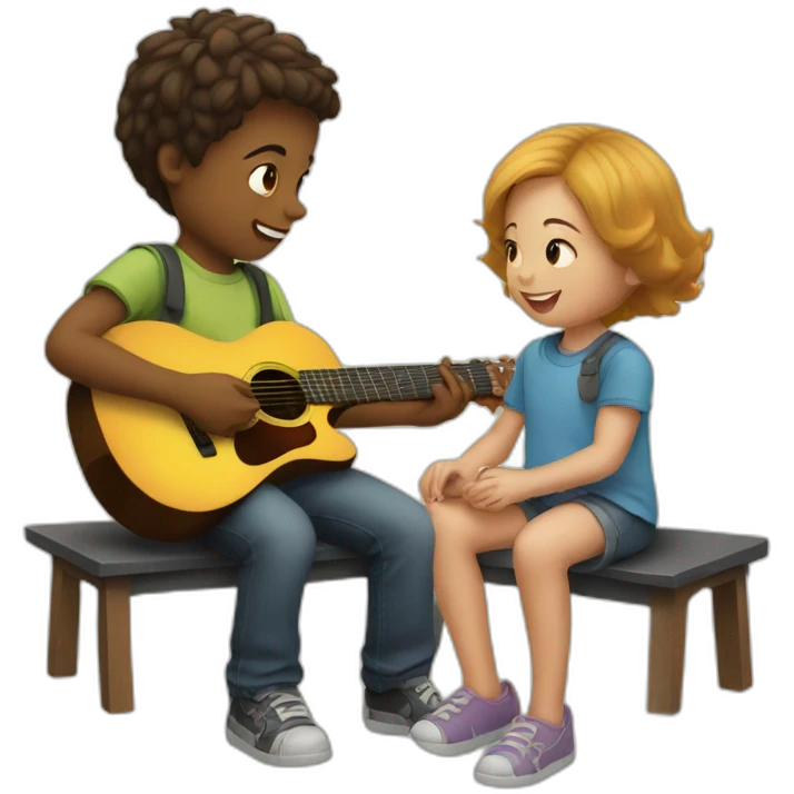Small boy listening to sister guitar playing emoji