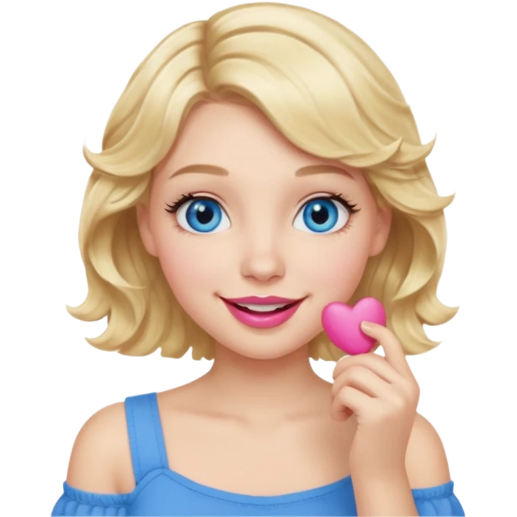 Girl Blonde short wavy hair,  blue eyes, cute blue top, long lashes, pink lips, smiling, hand over the mouth emoji