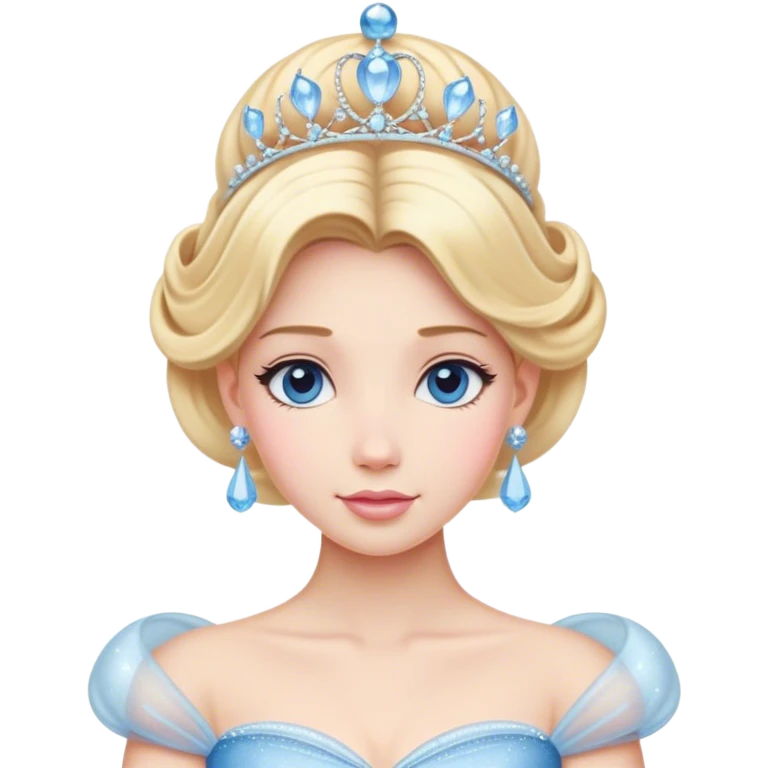 Cinematic Majestic Cinderella Portrait Emoji, rendered in a realistic, vector-style with clean, bold shapes. Depict Cinderella with a refined, noble expression, her fair skin luminous and her long blonde hair styled in an elegant updo, adorned with a delicate tiara. Her attire is a simple, sparkling ball gown that radiates soft pastel hues, glowing with a soft, majestic light and a subtle glowing outline, epitomizing classic royal beauty. emoji